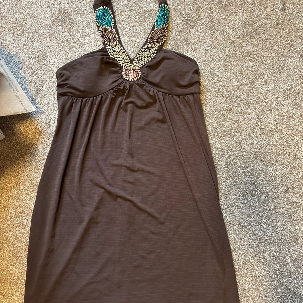 Byer California Brown Backless Halter Dress with Turquoise and Gold Beading
